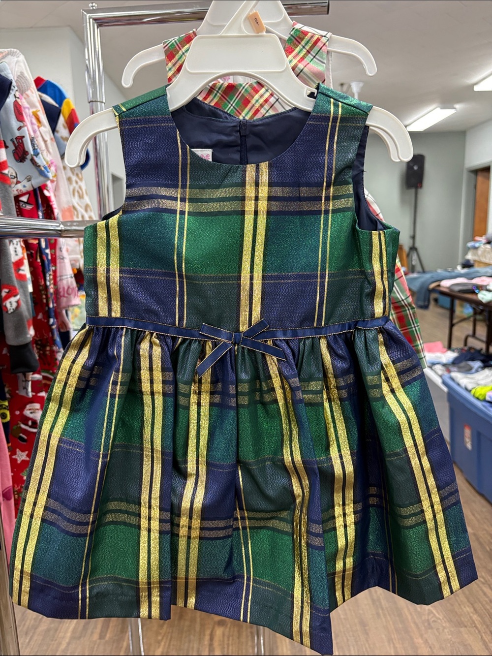 Bonnie Jean Green Navy and Gold Plaid Holiday Dress